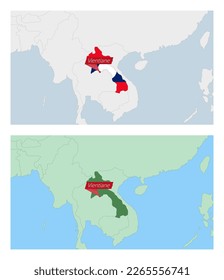 Laos map with pin of country capital. Two types of Laos map with neighboring countries. Vector template.