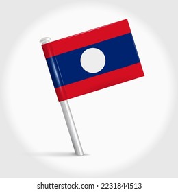 Laos map pin flag icon. Laotian pennant map marker on a metal needle. 3D realistic vector illustration.