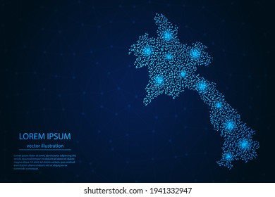 Laos map from point blue and glowing stars on a dark background. Vector eps 10.