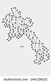 Laos Map Point scales on white background. Wire frame polygonal network line, dot and black line.