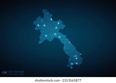 Laos map radial dotted pattern in futuristic style, design blue circle glowing outline made of stars. concept of communication on dark blue background. Vector EPS10