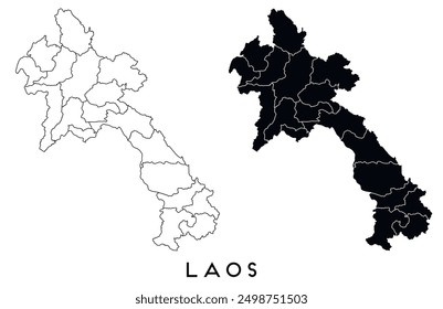 Laos map of regions districts vector black on white and outline