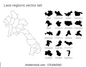 Mapa de Laos con formas de regiones. Mapa vectorial en blanco del País con regiones. Fronteras del país para tu infografía. Ilustración vectorial.