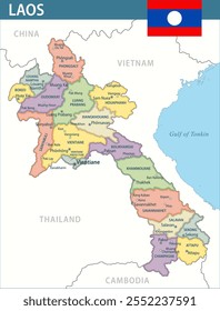 Laos Map Vetor New 2024 Colorful - Personalizável mapa político em camadas do Laos com divisões administrativas para site, educação, relatórios, notícias, política, impressão, cartaz e papel de parede