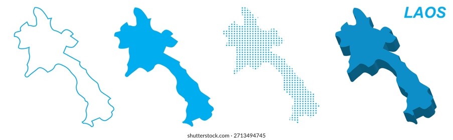Laos Map Vetor Set, Sudeste Asiático Contorno Silhueta Pontilhada 3D Sólidas Formas, Laos Country Infographic Template, Editável EPS Laos Geografia