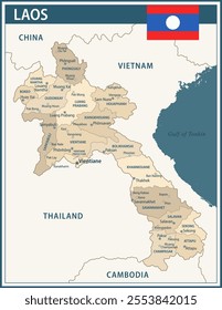 Laos Map Vector Vintage Dark Blue Beige - Customizable layered political map of Laos with administrative divisions for website, education, reports, news, politics, print, poster and wallpaper