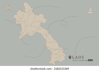 Mapa de Laos - Mapa mundial Mapa internacional de vectores Alto detalle con color marrón aislado en fondo gris incluyendo punto de ubicación simple, viento, icono de barco - Ilustración vectorial eps 10