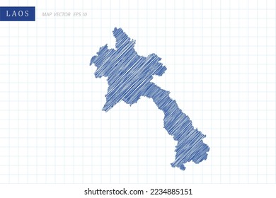Mapa de Laos - Mapa Mundial Plantilla vectorial Internacional con contorno azul gráfico y dibujo de lápiz estilo aislado en fondo de cuadrícula blanca para el diseño, sitio web - Ilustraciones vectoriales 10