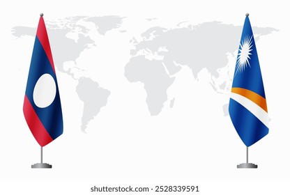 Bandeiras do Laos e das Ilhas Marshall para reunião oficial em segundo plano do mapa do mundo.