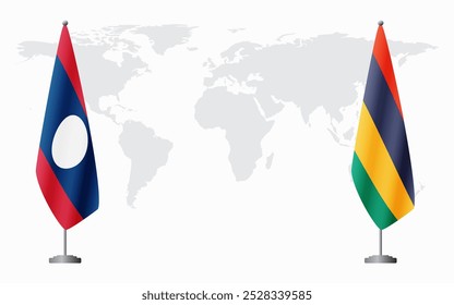 Laos and Mauritius flags for official meeting against background of world map.