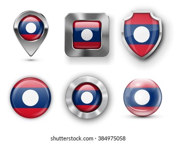 Laos  Metal and Glass Flag Badges, Buttons, Map marker pin and Shields. Vector illustrations