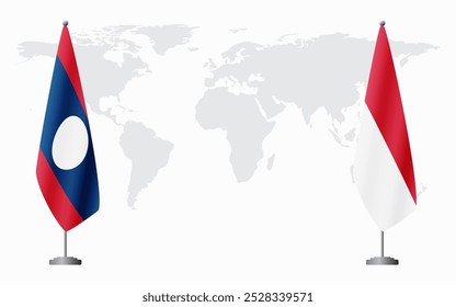 Laos and Monaco flags for official meeting against background of world map.