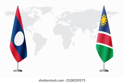 Laos and Namibia flags for official meeting against background of world map.