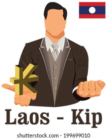 Laos national currency Lao kip symbol representing money and Flag. Vector design concept of businessman in suit with his open hand over with currency isolated on white background in EPS10.