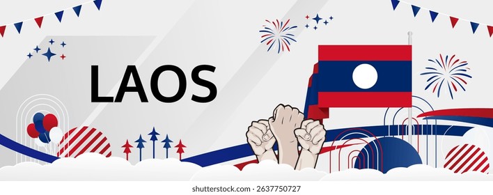 Laos National Day modern greeting banner. 2 December as Laos National Independence Day. Festive horizontal background with flag colors, great for carnival poster, celebrations, holidays flash sale