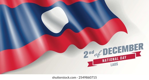 Laos national day vector banner, greeting card. Laotian wavy flag in 2nd of December national patriotic holiday horizontal design