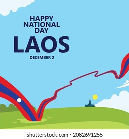 Laos national day vector illustration with its long national flag and a temple's silhouette in the distance within bright day scenery. Southeast Asian country public holiday.
