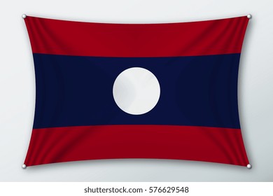 Laos national flag. Symbol of the country on a stretched fabric with waves attached with pins. Realistic vector illustration.