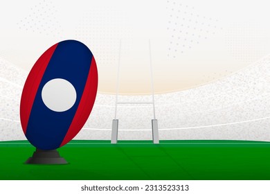 La selección nacional de rugby de Laos en el estadio de rugby y en los puestos de gol, preparándose para un penal o patada libre. Ilustración vectorial.