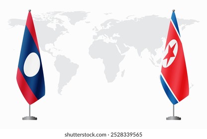Laos and North Korea flags for official meeting against background of world map.