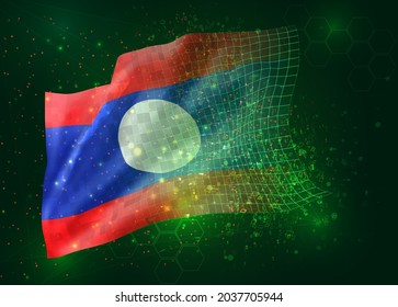 Laos, on vector 3d flag on green background with polygons and data numbers