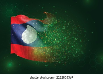 Laos, on vector 3d flag on green background with polygons and data numbers