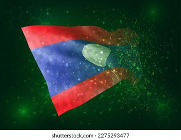 Laos, on vector 3d flag on green background with polygons and data numbers