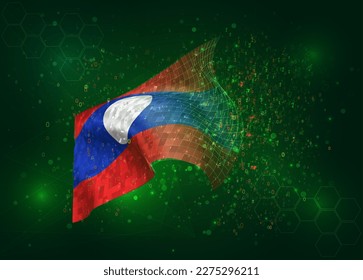 Laos, on vector 3d flag on green background with polygons and data numbers