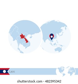 Laos on world globe with flag and regional map. Vector Illustration.