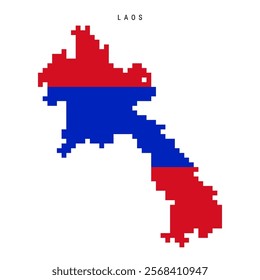 Laos pixel flag map icon. 8 bit pixel art Laotian map covered with flag. Flat vector illustration isolated on white background.