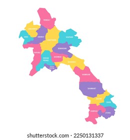 Laos political map of administrative divisions - provinces and prefecture of Vientiane. Colorful vector map with labels.