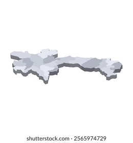 Laos political map of administrative divisions - provinces and prefecture of Vientiane. 3D isometric blank vector map in shades of grey.