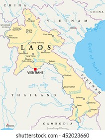 Laos political map with capital Vientiane, national borders, important cities, rivers and lakes. Also known as Muang Lao, a landlocked country in Southeast Asia. English labeling. Illustration.