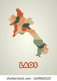 Laos poster in retro style. Map of the country with regions in autumn color palette. Shape of Laos with country name. Attractive vector illustration.