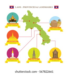 Laos Provinces and Landmarks Icons with Map, Travel and Tourist Attraction, Place