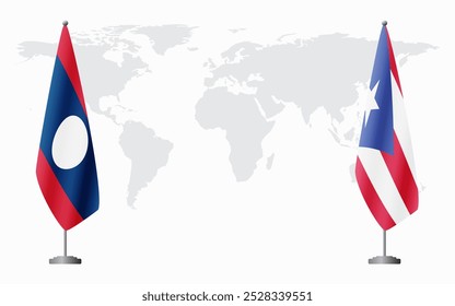 Bandeiras de Laos e Porto Rico para reunião oficial contra o fundo do mapa do mundo.