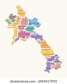 Laos regions word cloud. Country logo design. Regions typography style vector image. Laos colored text cloud. Artistic vector illustration.