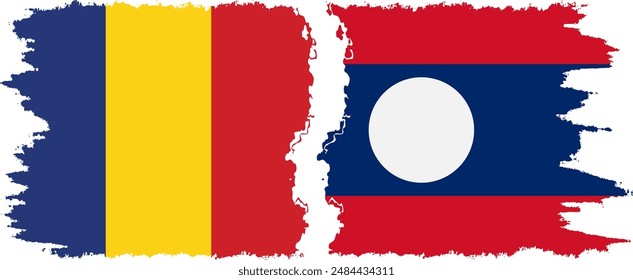 Laos and Romania grunge flags connection, vector