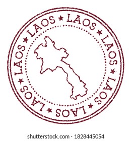 Laos round rubber stamp with country map. Vintage red passport stamp with circular text and stars, vector illustration.