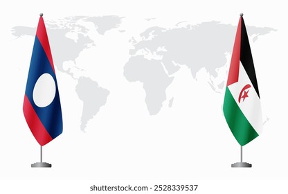 Las banderas de Laos y la República Árabe Saharaui Democrática para la reunión oficial en el contexto del mapa mundial.