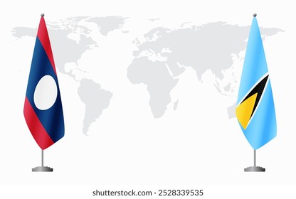 Laos and Saint Lucia flags for official meeting against background of world map.