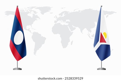 Banderas de Laos y San Martín para reunión oficial con el fondo del mapa mundial.