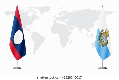 Bandeiras do Laos e de San Marino para reunião oficial em segundo plano do mapa do mundo.