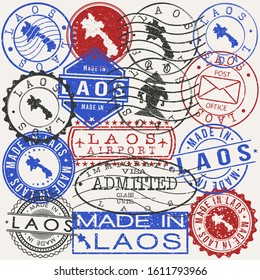 Laos Set of Stamps. Travel Passport Stamp. Made In Product. Design Seals Old Style Insignia. Icon Clip Art Vector.