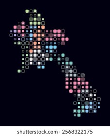 Laos, shape of the country built of colored cells. Digital style map of Laos on a dark background. Large size rounded square blocks. Modern vector illustration.