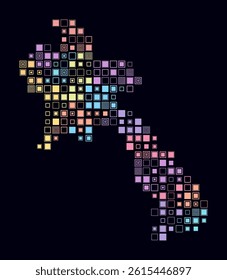 Laos, shape of the country built of colored cells. Digital style map of Laos on a dark background. Large size square blocks. Artistic vector illustration.