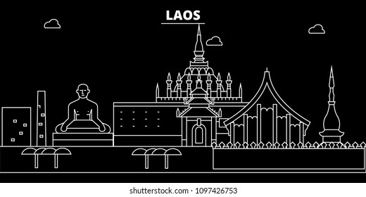 Laos silhouette skyline, vector city, lao linear architecture, buildings. Laos travel illustration, outline landmarkflat icon, lao line banner