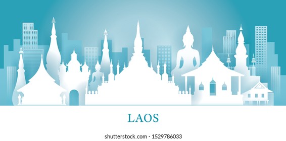 Laos Skyline Landmarks In Paper Cutting Style, Famous Place and Historical Buildings, Travel and Tourist Attraction