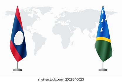 Laos and Solomon Islands flags for official meeting against background of world map.