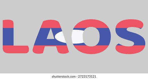 Desenho de texto laociano com cores de bandeira nacional. Negrito vermelho, letras azuis sobrepor o símbolo branco círculo lua. A ilustração gráfica representa a identidade, a cultura e o patriotismo do Laos. Tipografia criativa em um fundo cinza neutro. Visual moderno para viagens, orgulho nacional, temas da herança do Sudeste Asiático.
